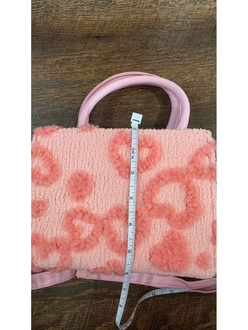 Pink Faux Shearling Heart Pattern Crossbody Bag with Top Handles